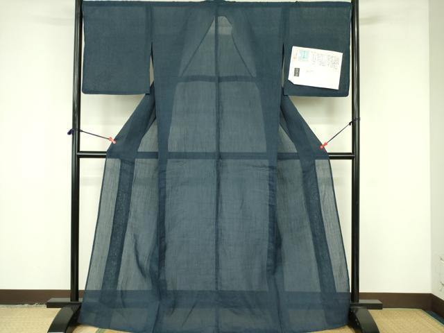 平和屋着物＊夏物　本場小千谷ちぢみ　濃藍色　証紙付き　麻　逸品　DABF3482op