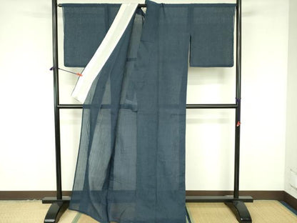 平和屋着物＊夏物　本場小千谷ちぢみ　濃藍色　証紙付き　麻　逸品　DABF3482op