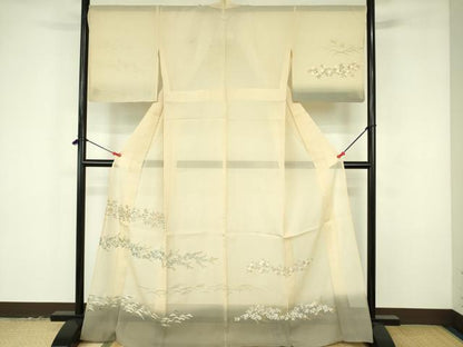 平和屋着物＊夏物　訪問着　絽　草花松文　暈し染め　金彩　正絹　逸品　DABF3486op