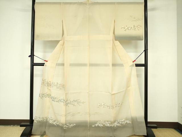 平和屋着物＊夏物　訪問着　絽　草花松文　暈し染め　金彩　正絹　逸品　DABF3486op