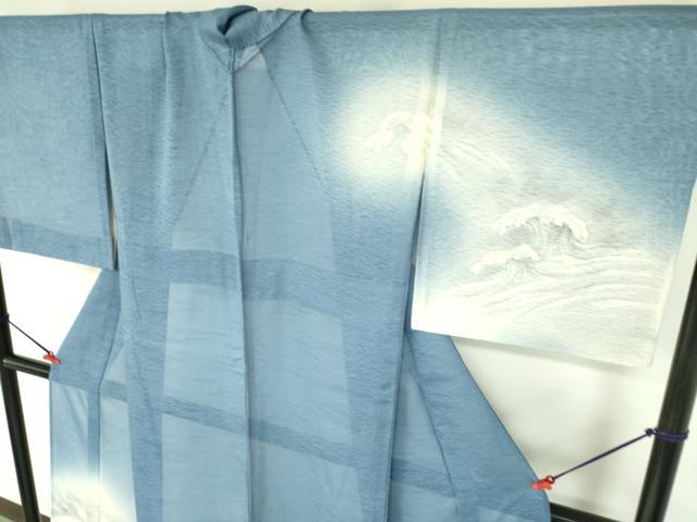 平和屋着物＊夏物　訪問着　紗　荒波に舟　暈し染め　正絹　逸品　DABF3492op