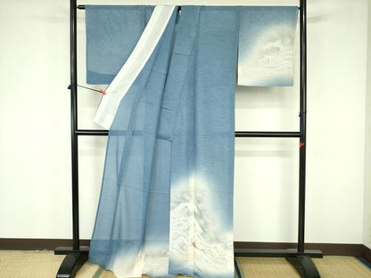 平和屋着物＊夏物　訪問着　紗　荒波に舟　暈し染め　正絹　逸品　DABF3492op