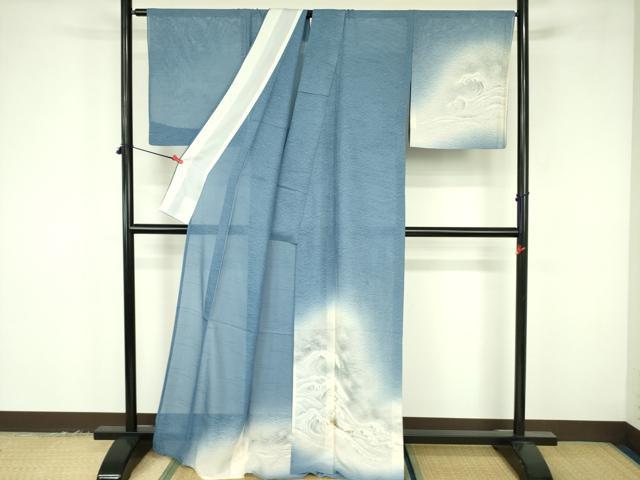 平和屋着物＊夏物　訪問着　紗　荒波に舟　暈し染め　正絹　逸品　DABF3492op
