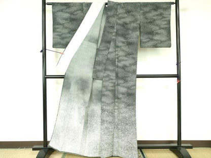 平和屋着物▽訪問着　単衣　霰文　黒地　洗える着物　DABF3530op