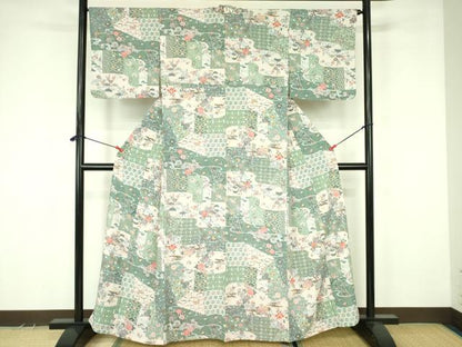 平和屋着物▽小紋　単衣　型染　風景草花文　洗える着物　DABF3538op