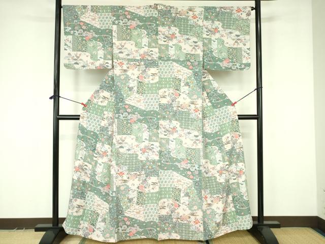 平和屋着物▽小紋　単衣　型染　風景草花文　洗える着物　DABF3538op