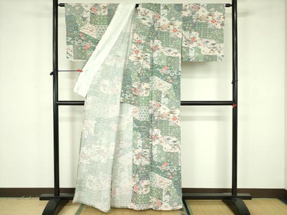 平和屋着物▽小紋　単衣　型染　風景草花文　洗える着物　DABF3538op