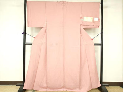 平和屋着物▽上質な色無地　単衣　霞地紋　珊瑚色　堅牢染　反端付き　正絹　逸品　DABF3542op