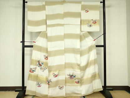平和屋着物▽訪問着　単衣　刺繍　草花　暈し染め　金彩　正絹　逸品　DABF3548op