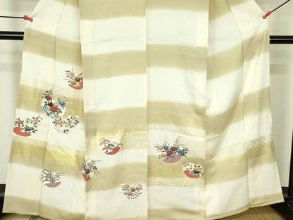 平和屋着物▽訪問着　単衣　刺繍　草花　暈し染め　金彩　正絹　逸品　DABF3548op