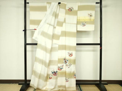 平和屋着物▽訪問着　単衣　刺繍　草花　暈し染め　金彩　正絹　逸品　DABF3548op