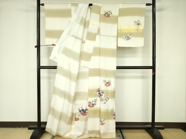 平和屋着物▽訪問着　単衣　刺繍　草花　暈し染め　金彩　正絹　逸品　DABF3548op