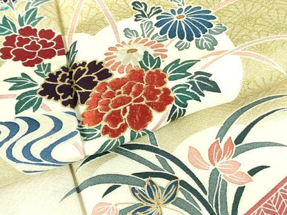 平和屋着物▽訪問着　単衣　刺繍　草花　暈し染め　金彩　正絹　逸品　DABF3548op