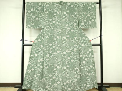 平和屋着物▽上質な小紋　単衣　型染　菊唐草　正絹　逸品　DABF3550op
