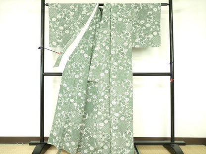 平和屋着物▽上質な小紋　単衣　型染　菊唐草　正絹　逸品　DABF3550op