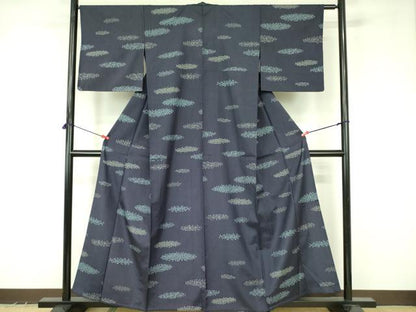 平和屋着物▽結城紬　単衣　藍染　和庵　矢羽横段文　証紙付き　正絹　逸品　DABF3557op