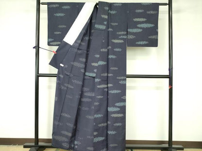 平和屋着物▽結城紬　単衣　藍染　和庵　矢羽横段文　証紙付き　正絹　逸品　DABF3557op