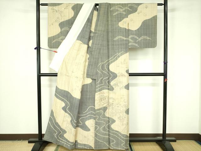 平和屋着物▽染織の名門　しょうざん  生紬　訪問着　単衣　絞り　手描き　風景花文　正絹　逸品　DABF3578op