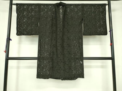 平和屋着物▽道中着　スリーシーズン　春夏秋　塵除け　総レース　草花　黒地　ロング丈　洗える着物　DABF3584op