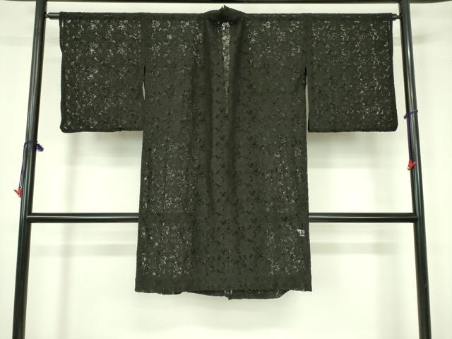 平和屋着物▽道中着　スリーシーズン　春夏秋　塵除け　総レース　草花　黒地　ロング丈　洗える着物　DABF3584op