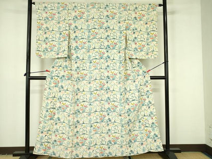 平和屋着物▽上質な小紋　単衣　型染　草花　正絹　逸品　DABF3585op