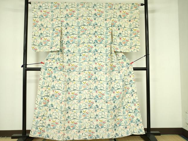 平和屋着物▽上質な小紋　単衣　型染　草花　正絹　逸品　DABF3585op