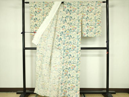 平和屋着物▽上質な小紋　単衣　型染　草花　正絹　逸品　DABF3585op
