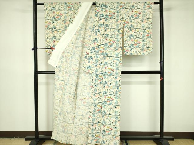 平和屋着物▽上質な小紋　単衣　型染　草花　正絹　逸品　DABF3585op