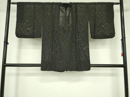平和屋着物▽道行コート　スリーシーズン　春夏秋　塵除け　霰　芝文　黒地　正絹　逸品　DABF3589op