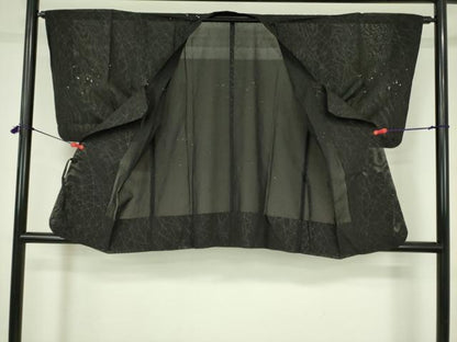 平和屋着物▽道行コート　スリーシーズン　春夏秋　塵除け　霰　芝文　黒地　正絹　逸品　DABF3589op