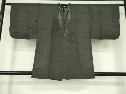 平和屋着物▽本塩沢　道行コート　スリーシーズン　春夏秋　塵除け　十字絣　立波文　正絹　逸品　DABF3593op