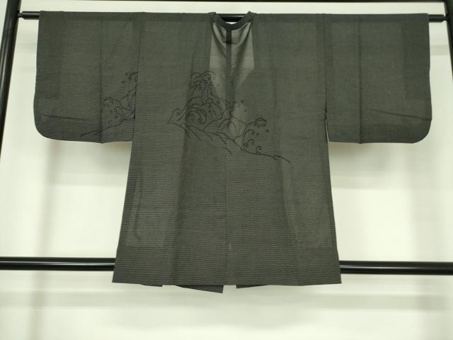 平和屋着物▽本塩沢　道行コート　スリーシーズン　春夏秋　塵除け　十字絣　立波文　正絹　逸品　DABF3593op