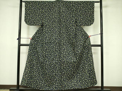 平和屋着物∴夏物　小紋・浴衣兼用　草花文　黒地　綿　逸品　DABF3600op
