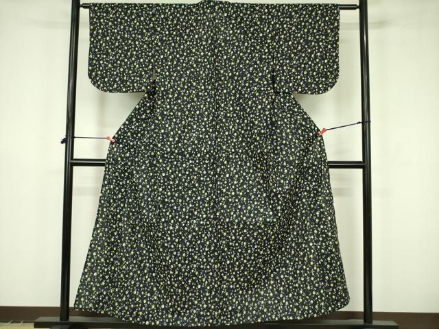 平和屋着物∴夏物　小紋・浴衣兼用　草花文　黒地　綿　逸品　DABF3600op