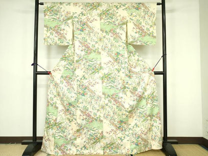 平和屋着物▽上質な小紋　単衣　渡橋花文　正絹　逸品　DABF3603op