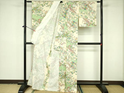 平和屋着物▽上質な小紋　単衣　渡橋花文　正絹　逸品　DABF3603op