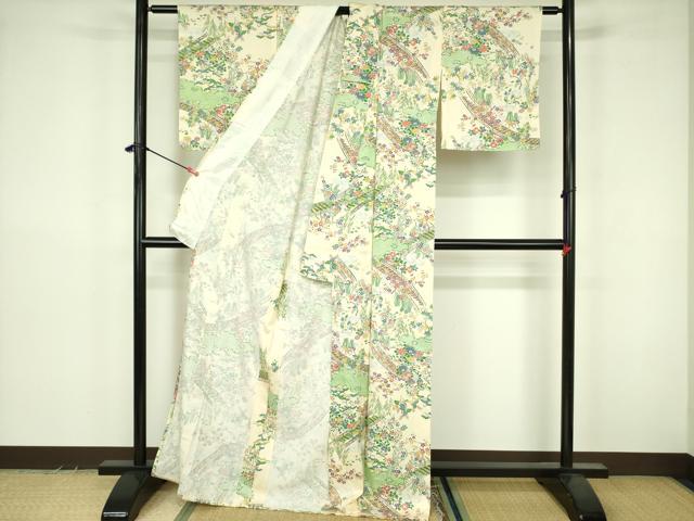 平和屋着物▽上質な小紋　単衣　渡橋花文　正絹　逸品　DABF3603op