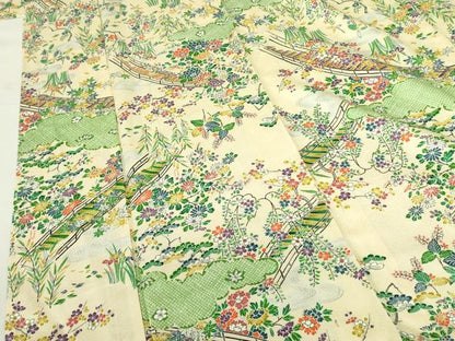 平和屋着物▽上質な小紋　単衣　渡橋花文　正絹　逸品　DABF3603op