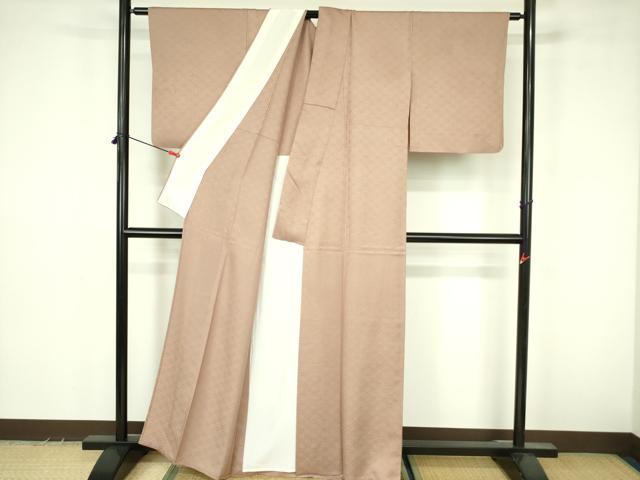 平和屋着物▽上質な色無地　単衣　七宝花地紋　水柿色　正絹　逸品　DABF3609op