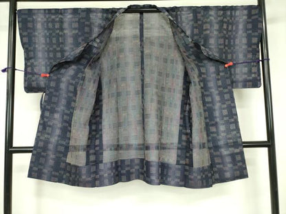 平和屋着物▽道行コート　スリーシーズン　春夏秋　塵除け　格子　ロング丈　正絹　逸品　DABF3611op