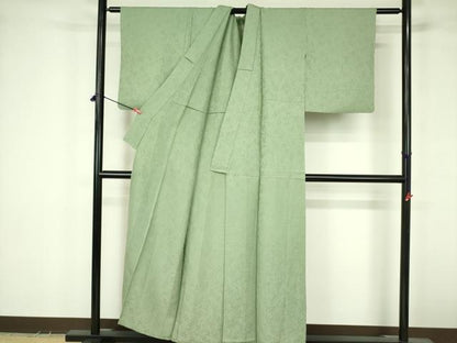 平和屋着物▽上質な色無地　単衣　草花地紋　苗色　正絹　逸品　DABF3617op