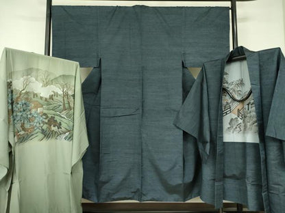 平和屋着物●男性　紬　アンサンブル　長羽織・長襦袢(無双仕立て)セット　鉄御納戸色　正絹　逸品　DABF3644op