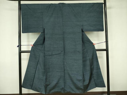 平和屋着物●男性　紬　アンサンブル　長羽織・長襦袢(無双仕立て)セット　鉄御納戸色　正絹　逸品　DABF3644op