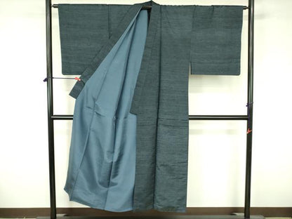 平和屋着物●男性　紬　アンサンブル　長羽織・長襦袢(無双仕立て)セット　鉄御納戸色　正絹　逸品　DABF3644op