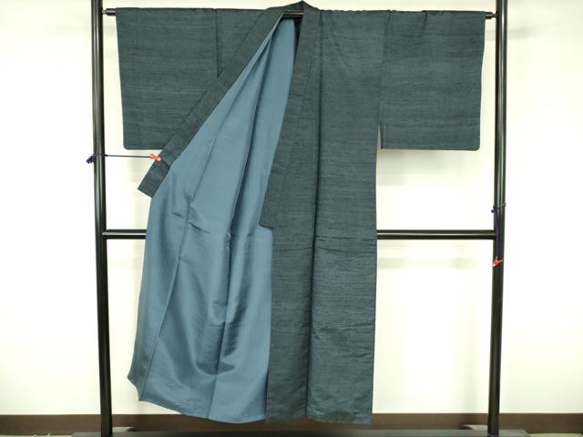 平和屋着物●男性　紬　アンサンブル　長羽織・長襦袢(無双仕立て)セット　鉄御納戸色　正絹　逸品　DABF3644op