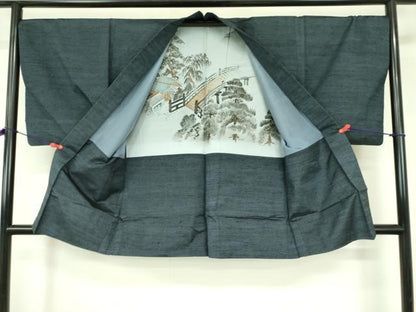 平和屋着物●男性　紬　アンサンブル　長羽織・長襦袢(無双仕立て)セット　鉄御納戸色　正絹　逸品　DABF3644op