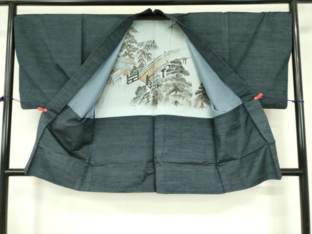 平和屋着物●男性　紬　アンサンブル　長羽織・長襦袢(無双仕立て)セット　鉄御納戸色　正絹　逸品　DABF3644op