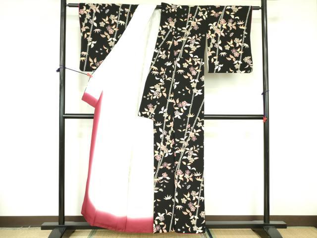平和屋着物●上質な小紋　枝桜文　黒地　金彩　鬼しぼ縮緬　正絹　逸品　DABF3645op