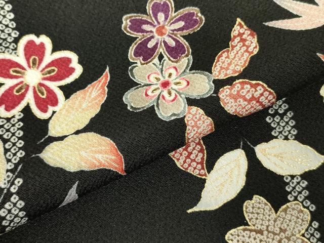 平和屋着物●上質な小紋　枝桜文　黒地　金彩　鬼しぼ縮緬　正絹　逸品　DABF3645op