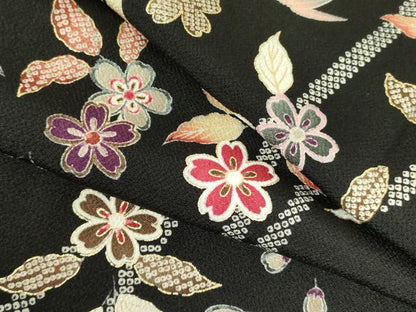 平和屋着物●上質な小紋　枝桜文　黒地　金彩　鬼しぼ縮緬　正絹　逸品　DABF3645op